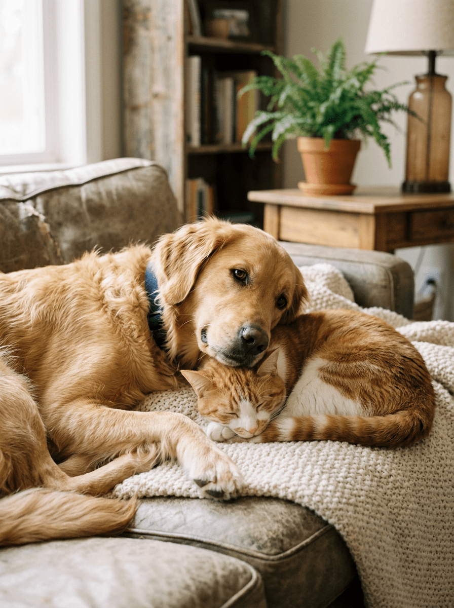 Golden retriever resting its head on a sleeping orange tabby cat on a knitted blanket